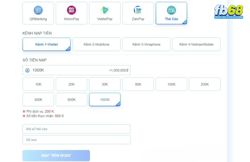 Nạp tiền FB68 bằng thẻ cào điện thoại Nạp tiền FB68 bằng thẻ cào điện thoại