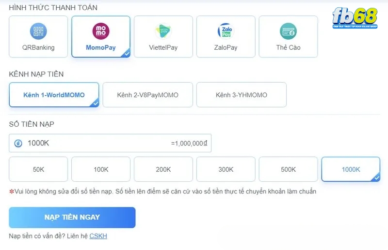 Nạp tiền FB68 qua Momo Nạp tiền FB68 qua Momo