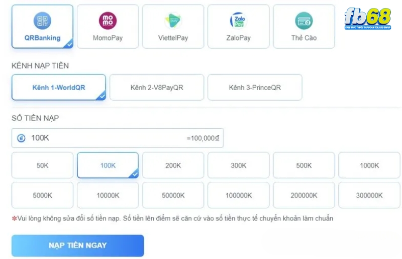 Nạp tiền FB68 qua QR Banking Nạp tiền FB68 qua QR Banking