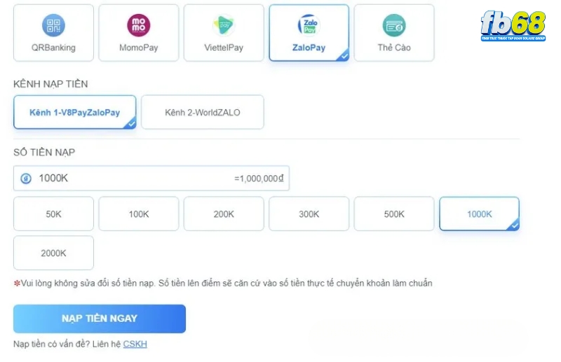 Nạp tiền FB68 qua Zalopay Nạp tiền FB68 qua Zalopay